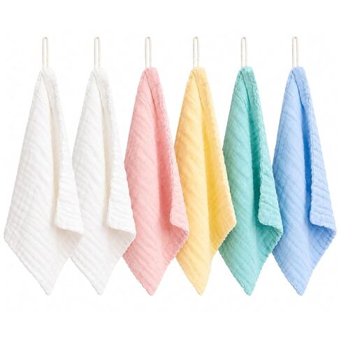 Muslin Washcloths 6pcs Baby Washcloths Burp Cloth Absorbent and Soft Wash Clothes for Newborns Bath Face Towel White Pink Yellow Blue Green 7.5x7.5 Inch in Kuwait