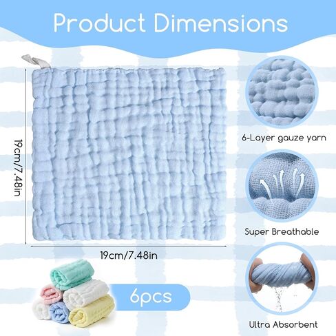 Muslin Washcloths 6pcs Baby Washcloths Burp Cloth Absorbent and Soft Wash Clothes for Newborns Bath Face Towel White Pink Yellow Blue Green 7.5x7.5 Inch in Kuwait