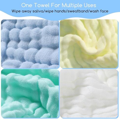 Muslin Washcloths 6pcs Baby Washcloths Burp Cloth Absorbent and Soft Wash Clothes for Newborns Bath Face Towel White Pink Yellow Blue Green 7.5x7.5 Inch in Kuwait
