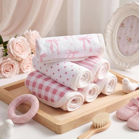 Batiyeer 6 Pack Pink Bow Baby Washcloths for Newborn 10 x 10'' Soft Wash Cloths for Baby Girls, Absorbent Infant Face Cloths or Towels, Burp Cloth, Reusable Babies Wipes for Toddler Kids, 6 Styles in Kuwait