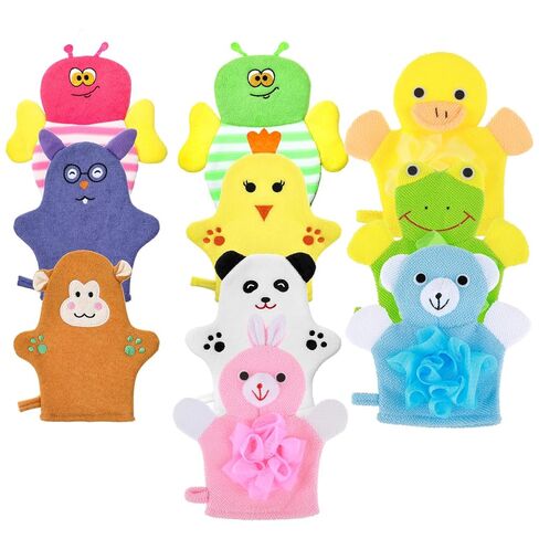 Sibba 10 Pcs Baby Bath Mitt Washcloths Gloves, Gentle Cute Exfoliating Wash Mitt Animal Pattern, Baby Mittens Bath Towel Glove Soft Scrub Toddler Wash Cloths Body Scrubber Bathing Loofah Infant Gloves in Kuwait