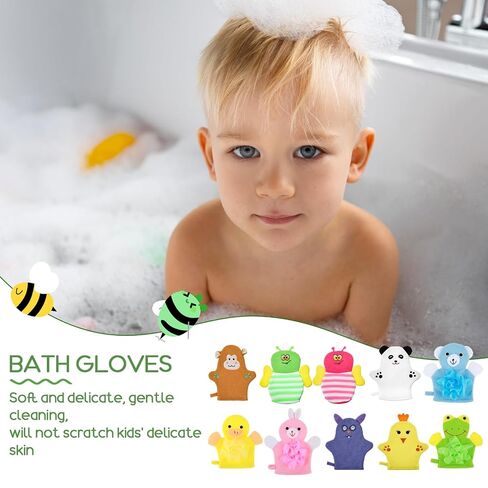 Sibba 10 Pcs Baby Bath Mitt Washcloths Gloves, Gentle Cute Exfoliating Wash Mitt Animal Pattern, Baby Mittens Bath Towel Glove Soft Scrub Toddler Wash Cloths Body Scrubber Bathing Loofah Infant Gloves in Kuwait