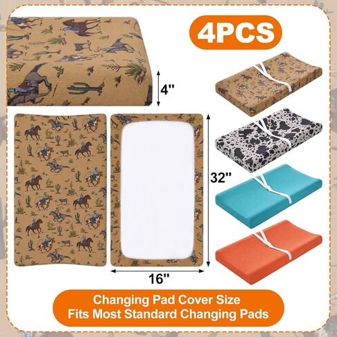 4 Pcs Western Cowboy Baby Changing Pad Covers for Boys and Girls Stretchy Soft Diaper Changing Table Pad Cotton Cover Breathable Comfy Baby Cradle Sheets Nursery 32 x 16 x 5 Inch in Kuwait