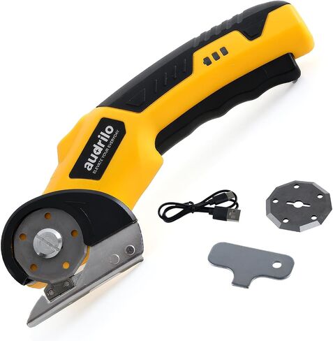 AUDRILO Electric Scissors Cordless Rechargeable Fabric Cutter, Cardboard Cutter, 4V 2000mAh Electric Cutter, Portable Cutting Tool, USB Charging DIY Craft Tailoring for Cloth, Leather, Carpet - Yellow in Kuwait