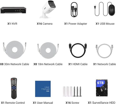ANNKE 4K PoE Security Camera System, 16 Ports 32 Channel H.265+ 12MP NVR with AI Human Vehicle & 1CH Face Detection, 16X 8MP IP Bullet Cams Outdoor with Audio, Color Night Vision, IP67, 6TB Hard Drive in Kuwait
