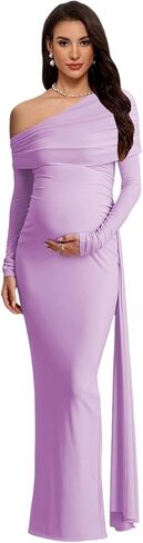 Mermaid Maternity Dress for Photoshoot One Shoulder Satin Baby Shower Dress Maxi Long Sleeve Pregnancy Gowns in Kuwait