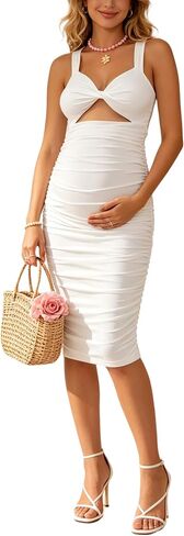Maternity Midi Dress Wide Strap Twist Cutout Ruched Shower Gown | Stretchy knit midi maternity dress, wide strap twist cutout, side ruched fit for baby shower & pregnancy photos in Kuwait
