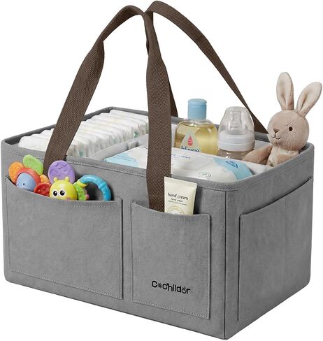 Cochildor Baby Diaper Caddy, Large Nursery Storage & Car Organizer, Gray | Durable Canvas with Water-Resistant Lining, Storage Basket with T-Divider & 6 Pockets, Baby Registry Must Have for Newborn in Kuwait