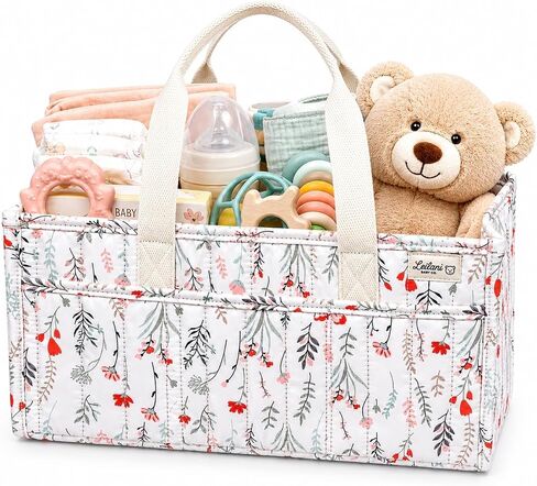 Diaper Caddy Organizer, Floral Design, Portable Nursery Basket with 3 Front Pockets and Zipper Pockets for Baby Essentials in Kuwait