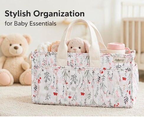 Diaper Caddy Organizer, Floral Design, Portable Nursery Basket with 3 Front Pockets and Zipper Pockets for Baby Essentials in Kuwait