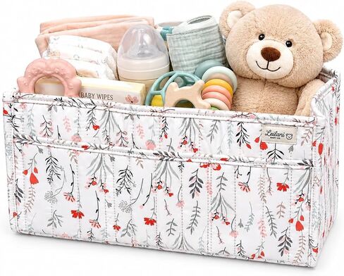 Diaper Caddy Organizer, Floral Design, Portable Nursery Basket with 3 Front Pockets and Zipper Pockets for Baby Essentials in Kuwait