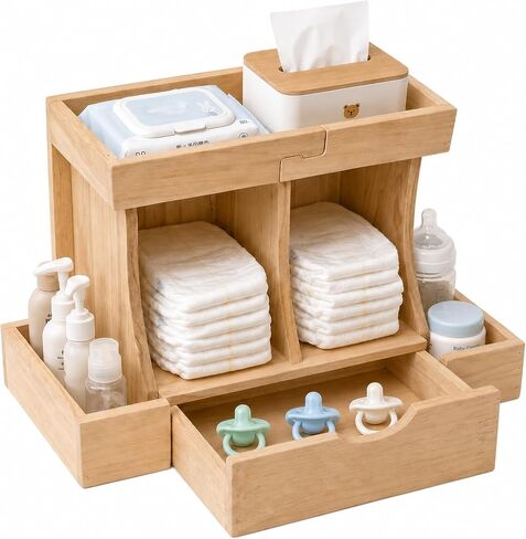 Diaper Organizer with Drawer, Wooden Changing Table Organizer for Baby Essentials, Large Capacity Baby Diaper Caddy with Multi Compartment Nursery Storage in Kuwait