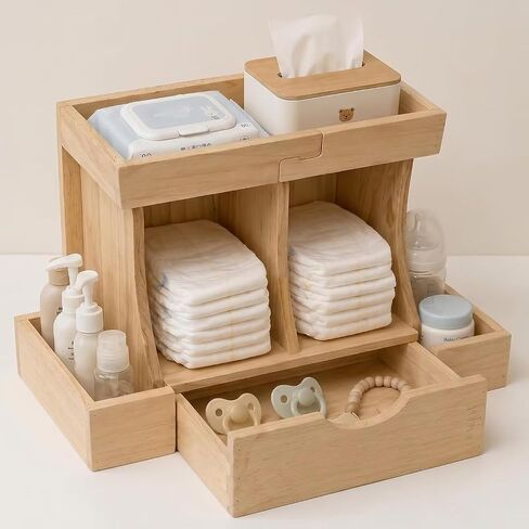 Diaper Organizer with Drawer, Wooden Changing Table Organizer for Baby Essentials, Large Capacity Baby Diaper Caddy with Multi Compartment Nursery Storage in Kuwait