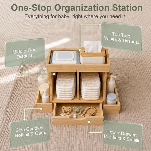 Diaper Organizer with Drawer, Wooden Changing Table Organizer for Baby Essentials, Large Capacity Baby Diaper Caddy with Multi Compartment Nursery Storage in Kuwait
