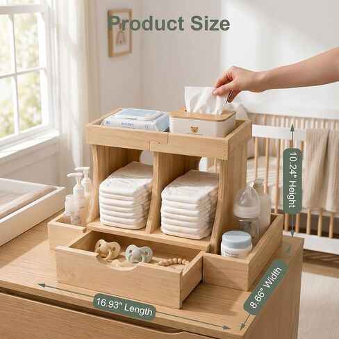 Diaper Organizer with Drawer, Wooden Changing Table Organizer for Baby Essentials, Large Capacity Baby Diaper Caddy with Multi Compartment Nursery Storage in Kuwait
