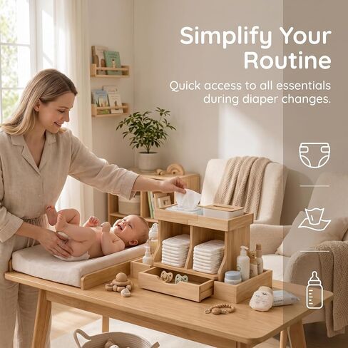 Diaper Organizer with Drawer, Wooden Changing Table Organizer for Baby Essentials, Large Capacity Baby Diaper Caddy with Multi Compartment Nursery Storage in Kuwait