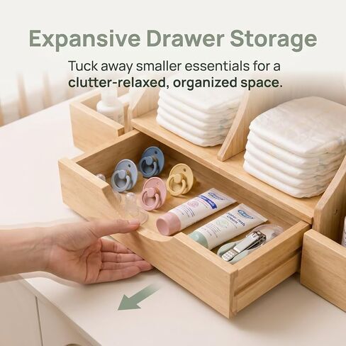 Diaper Organizer with Drawer, Wooden Changing Table Organizer for Baby Essentials, Large Capacity Baby Diaper Caddy with Multi Compartment Nursery Storage in Kuwait