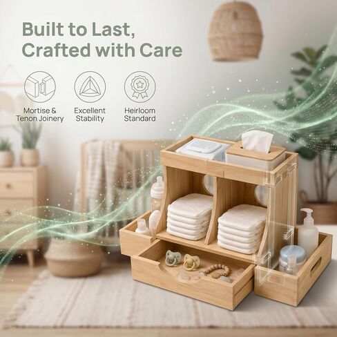 Diaper Organizer with Drawer, Wooden Changing Table Organizer for Baby Essentials, Large Capacity Baby Diaper Caddy with Multi Compartment Nursery Storage in Kuwait