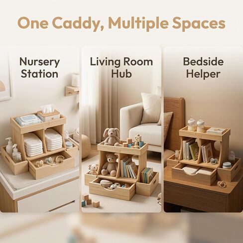 Diaper Organizer with Drawer, Wooden Changing Table Organizer for Baby Essentials, Large Capacity Baby Diaper Caddy with Multi Compartment Nursery Storage in Kuwait