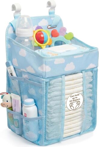 CHILDLIKE BEHAVIOR Nursery Diaper Organizer - Blue Fabric Hanging Diaper Caddy with Adjustable Buckle Straps - Ultra Large Capacity - 38x20x42 cm in Kuwait