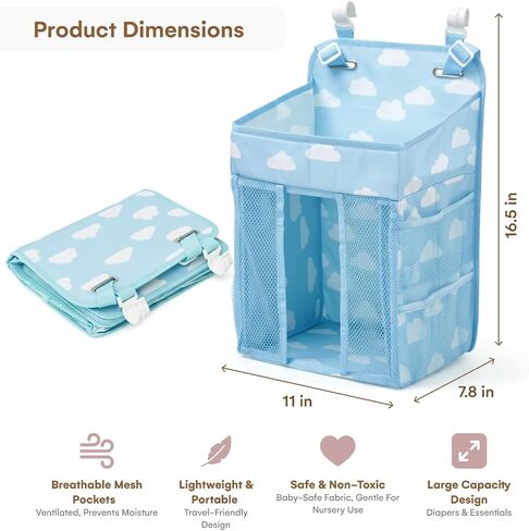 CHILDLIKE BEHAVIOR Nursery Diaper Organizer - Blue Fabric Hanging Diaper Caddy with Adjustable Buckle Straps - Ultra Large Capacity - 38x20x42 cm in Kuwait