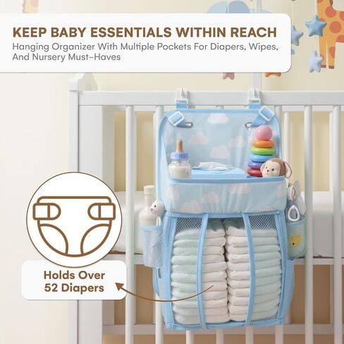 CHILDLIKE BEHAVIOR Nursery Diaper Organizer - Blue Fabric Hanging Diaper Caddy with Adjustable Buckle Straps - Ultra Large Capacity - 38x20x42 cm in Kuwait