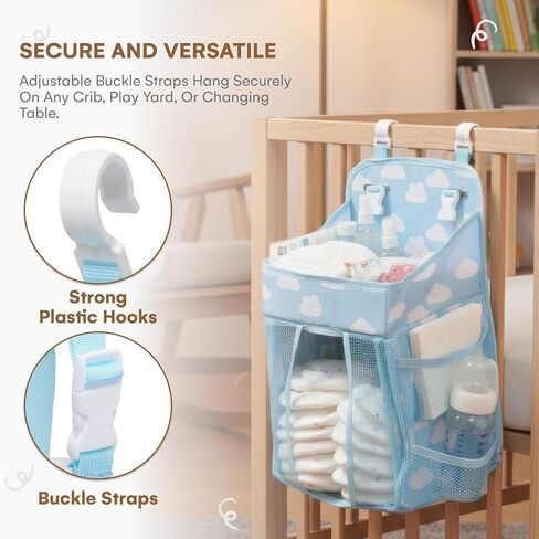 CHILDLIKE BEHAVIOR Nursery Diaper Organizer - Blue Fabric Hanging Diaper Caddy with Adjustable Buckle Straps - Ultra Large Capacity - 38x20x42 cm in Kuwait