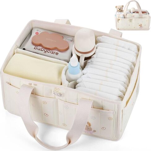 FOREGORE Diaper Caddy Organizer,Soft Cotton Baby Storage Basket with Handle | Soft cotton fabric, Newborn Gift, Portable Nursery Organizer for Diapers, Wipes, Baby Essentials, Multi-compartment Storage in Kuwait
