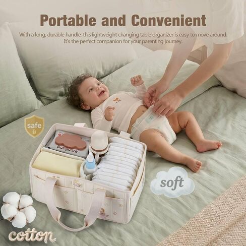 FOREGORE Diaper Caddy Organizer,Soft Cotton Baby Storage Basket with Handle | Soft cotton fabric, Newborn Gift, Portable Nursery Organizer for Diapers, Wipes, Baby Essentials, Multi-compartment Storage in Kuwait