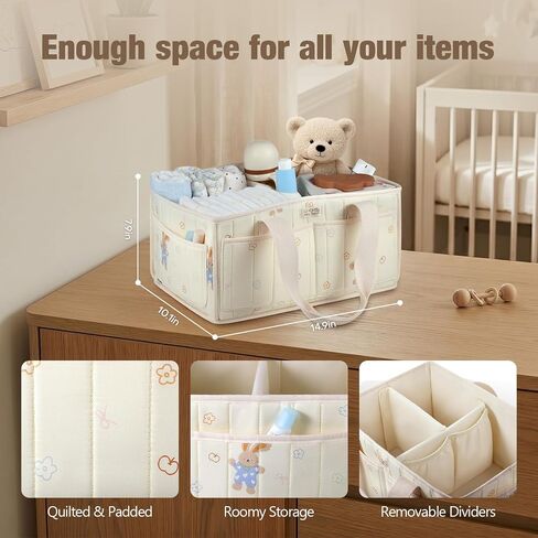 FOREGORE Diaper Caddy Organizer,Soft Cotton Baby Storage Basket with Handle | Soft cotton fabric, Newborn Gift, Portable Nursery Organizer for Diapers, Wipes, Baby Essentials, Multi-compartment Storage in Kuwait