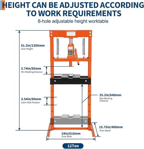 Professional 12 Ton Hydraulic Shop Press, h-Frame with Adjustable Height & 2 Stamping Plates, Heavy Duty Bench Top Tool for Garage, Bending, Straightening & Bearing Installation, Orange in Kuwait