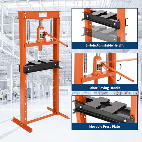 Professional 12 Ton Hydraulic Shop Press, h-Frame with Adjustable Height & 2 Stamping Plates, Heavy Duty Bench Top Tool for Garage, Bending, Straightening & Bearing Installation, Orange in Kuwait