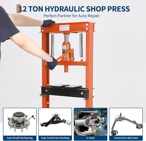 Professional 12 Ton Hydraulic Shop Press, h-Frame with Adjustable Height & 2 Stamping Plates, Heavy Duty Bench Top Tool for Garage, Bending, Straightening & Bearing Installation, Orange in Kuwait