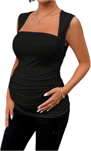 MakeMeChic Women's Maternity T Shirts Sleeveless Square Neck Plain Fitted Pregnancy Business Casual Tops in Kuwait