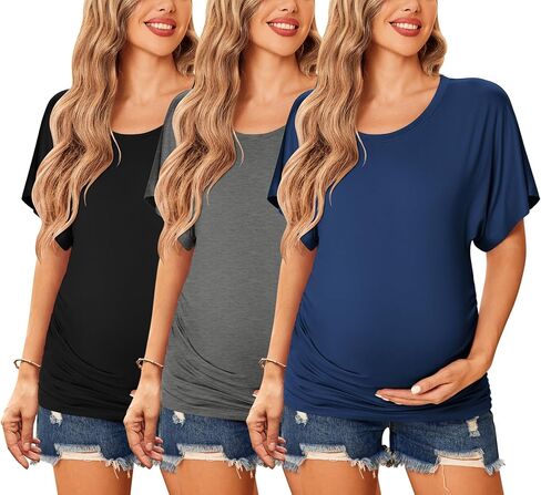 Ekouaer Womens Maternity Shirts 3 Packs Side Ruched Pregnancy Tee Top V Neck Tunic Blouse XL in Kuwait