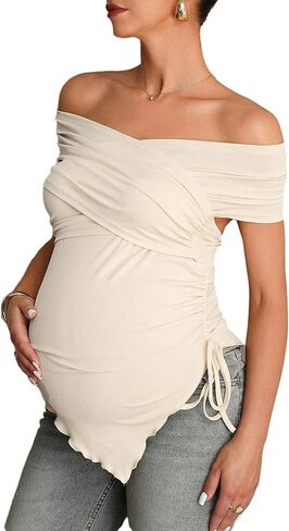MakeMeChic Women's Maternity Summer Clothes Short Sleeve Off The Shoulder Wrap Ruffle Ruched Tops in Kuwait