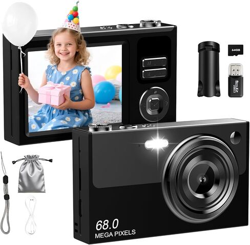 Digital Camera for Kids & Beginners 64GB SD Point and Shoot Digital Cameras | Compact pink digital camera & vlogging camera for kids. Durable drop-resistant design with tripod & 16X zoom for travel. in Kuwait