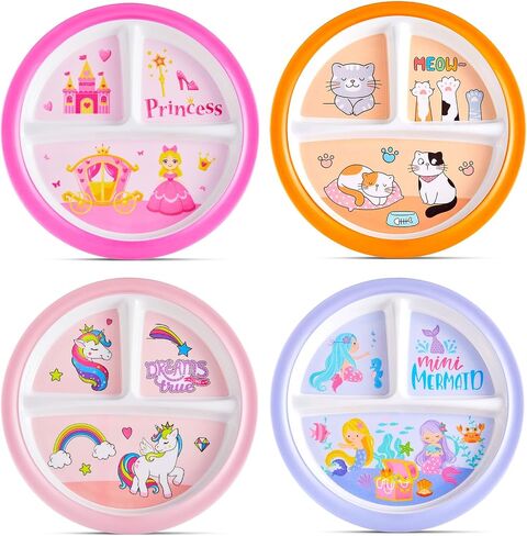 Hushee 4 Pcs 8.5 Inch Toddler Dinner Plates Set for Kids Girls, Cute Divided Dinnerware Set, Melamine Plastic Dishes Plates for School Party Cat Princess Mermaid Unicorn Rainbow Sea Life in Kuwait