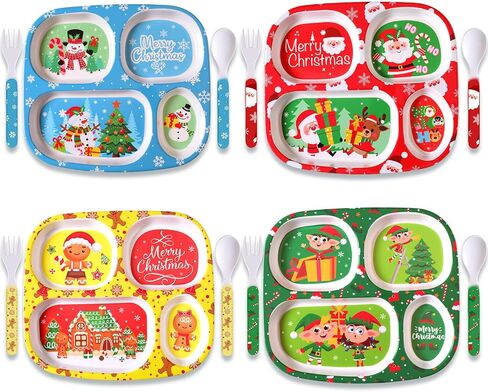 Jinei 4 Set Melamine Dinner Plate for Kids Dinnerware Dishes Set with Fork and Spoon Mermaid Unicorn Princess Cat Divided Melamine Plates for Girls Toddlers Picky Eaters BPA Free Dishwasher Safe in Kuwait