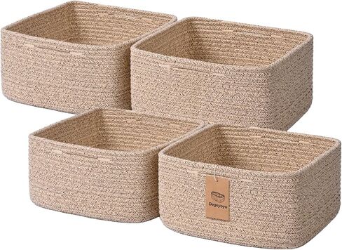 Storage Baskets for Shelves, 2 Pack Shallow Basket - 10.5" x 10.5" x 5.5", Rope Baskets for Organizing Toys, Snacks, Cube Storage Bins for Closet, Bedroom, Nursery, Brown & White in Kuwait