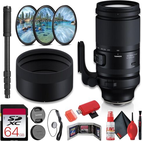 Tamron 150-500mm F5-6.7 Di III VC VXD Telephoto Zoom Lens for Sony E Full-Frame Mirrorless Cameras, Image Stabilization + 64GB Memory Card + Lens Filter Kit + Monopod + Card Reader (8pc Bundle) in Kuwait