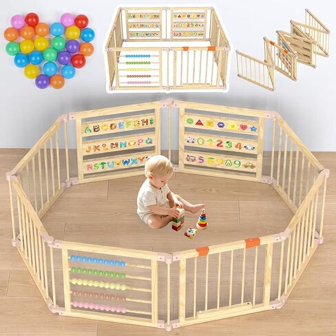 Foldable Wooden Baby Playpen with Gate, Wood Baby Play Pen Play Yard with Educational Abacus, Alphabet Board, Shape Color Board & Child Proof Lock, Wood Playpen for Babies and Toddlers 57×57×23 inch B in Saudi Arabia