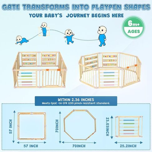 Foldable Wooden Baby Playpen with Gate, Wood Baby Play Pen Play Yard with Educational Abacus, Alphabet Board, Shape Color Board & Child Proof Lock, Wood Playpen for Babies and Toddlers 57×57×23 inch B in Saudi Arabia