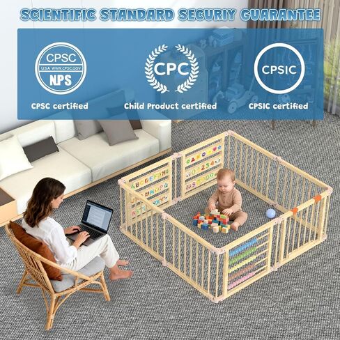 Foldable Wooden Baby Playpen with Gate, Wood Baby Play Pen Play Yard with Educational Abacus, Alphabet Board, Shape Color Board & Child Proof Lock, Wood Playpen for Babies and Toddlers 57×57×23 inch B in Saudi Arabia