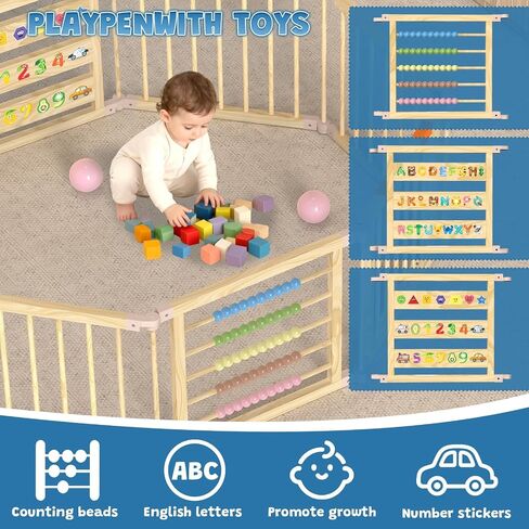 Foldable Wooden Baby Playpen with Gate, Wood Baby Play Pen Play Yard with Educational Abacus, Alphabet Board, Shape Color Board & Child Proof Lock, Wood Playpen for Babies and Toddlers 57×57×23 inch B in Saudi Arabia