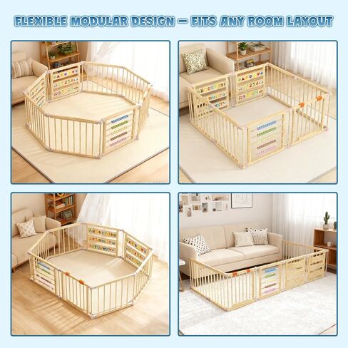 Foldable Wooden Baby Playpen with Gate, Wood Baby Play Pen Play Yard with Educational Abacus, Alphabet Board, Shape Color Board & Child Proof Lock, Wood Playpen for Babies and Toddlers 57×57×23 inch B in Saudi Arabia