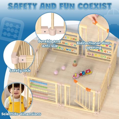 Foldable Wooden Baby Playpen with Gate, Wood Baby Play Pen Play Yard with Educational Abacus, Alphabet Board, Shape Color Board & Child Proof Lock, Wood Playpen for Babies and Toddlers 57×57×23 inch B in Saudi Arabia