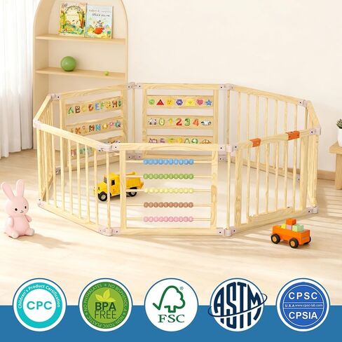 Foldable Wooden Baby Playpen with Gate, Wood Baby Play Pen Play Yard with Educational Abacus, Alphabet Board, Shape Color Board & Child Proof Lock, Wood Playpen for Babies and Toddlers 57×57×23 inch B in Saudi Arabia