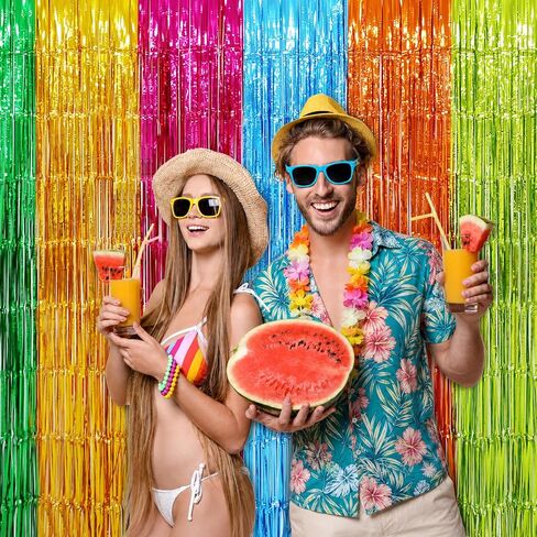 Menstarsi Hawaiian Luau Foil Fringe Curtains, Aloha Party Backdrop, 2 Pack | Hawaiian Luau Party Decorations, Aloha Photo Booth Props Streamers for Tropical Flamingo Tiki Pineapple Pool Party Decor in Kuwait