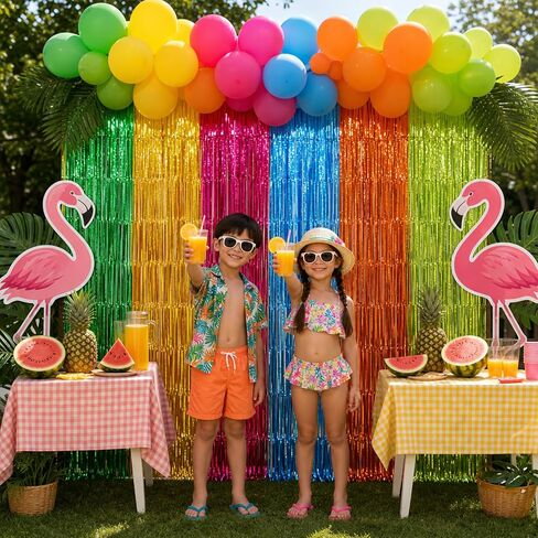 Menstarsi Hawaiian Luau Foil Fringe Curtains, Aloha Party Backdrop, 2 Pack | Hawaiian Luau Party Decorations, Aloha Photo Booth Props Streamers for Tropical Flamingo Tiki Pineapple Pool Party Decor in Kuwait